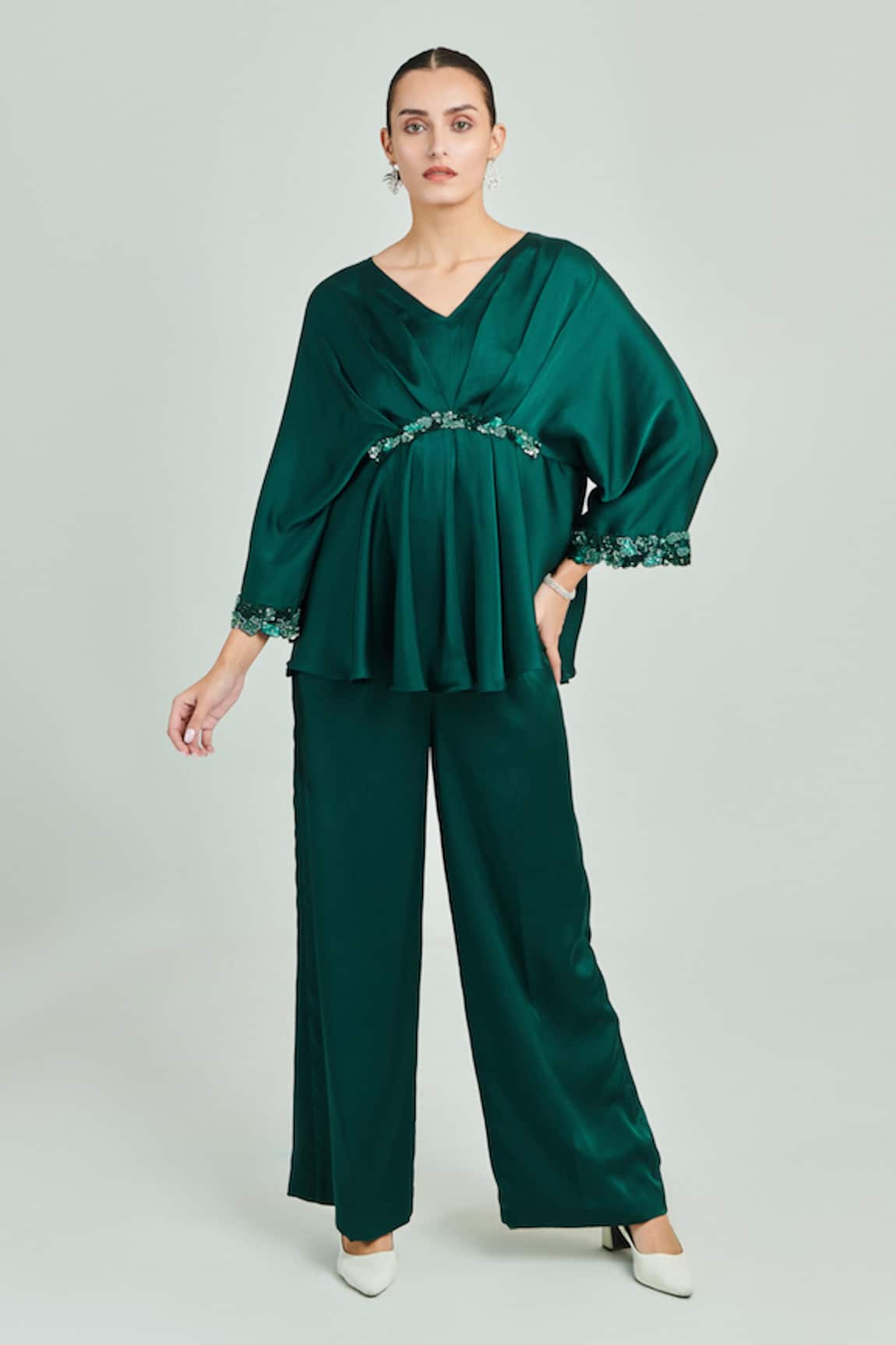 One Knot One Placement Embroidered Top & Pant Set