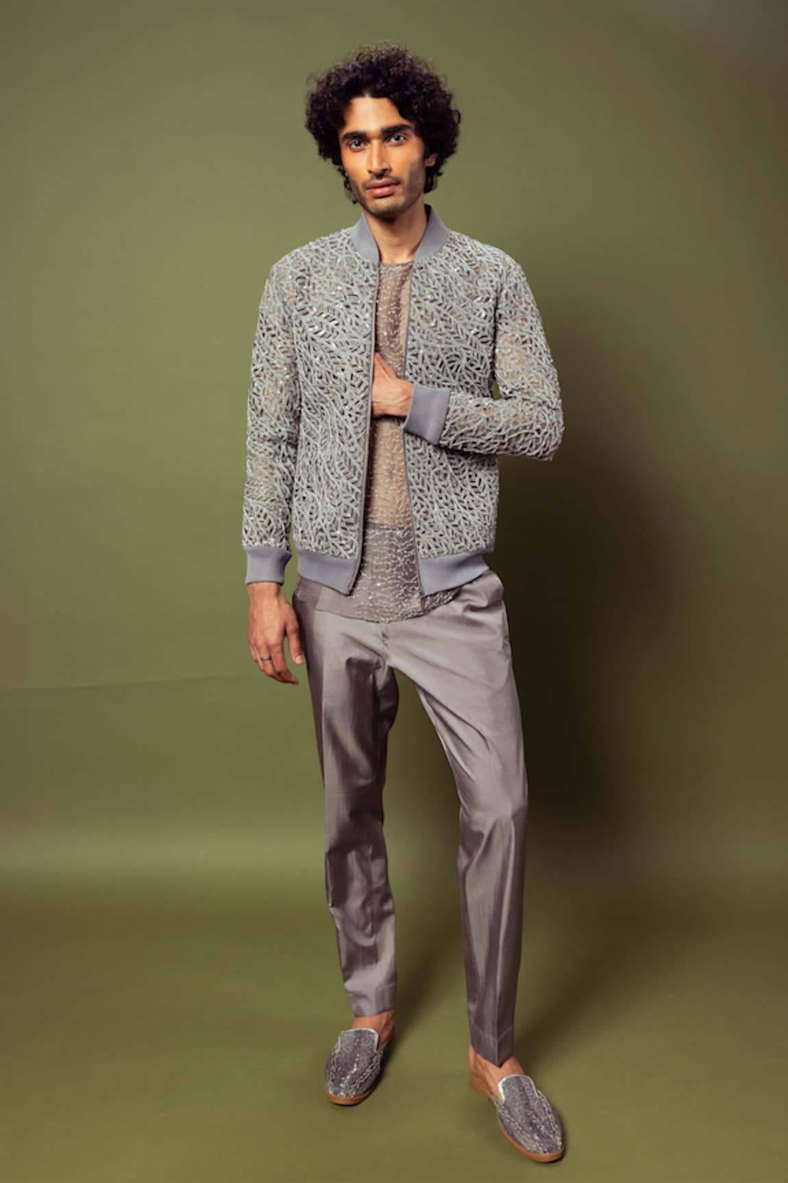 Varun Chakkilam Leaf Cutwork Embroidered Bomber Jacket Pant Set