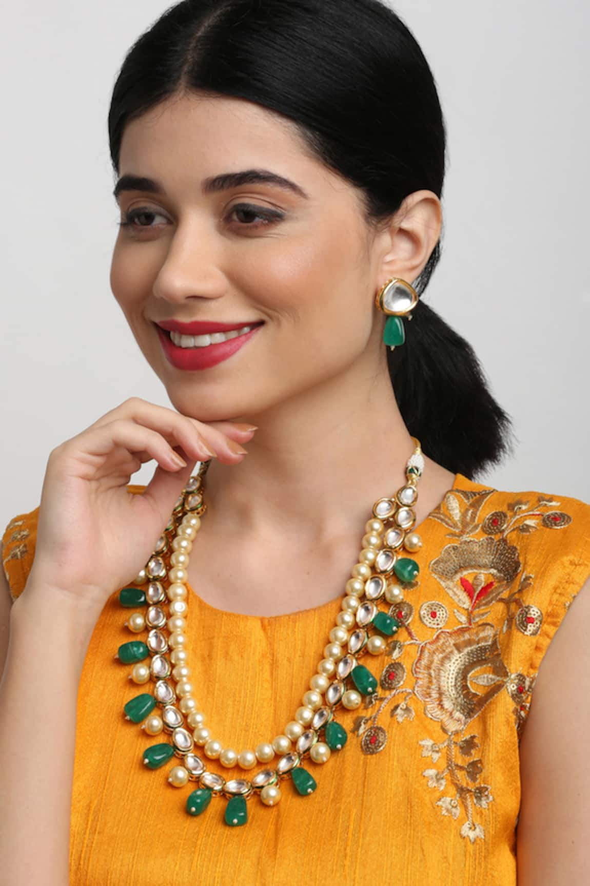 Ruby Raang Long Layered Kundan & Earrings Set