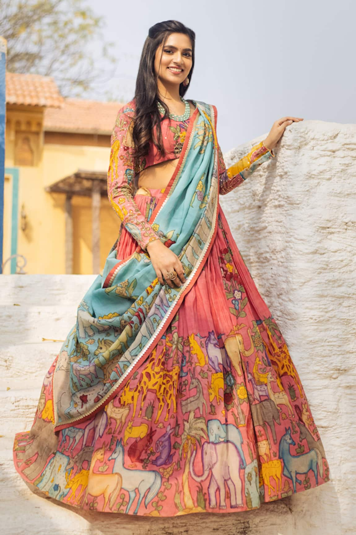 aindhri by mahitha Flora & Fauna Hand Painted Lehenga Set