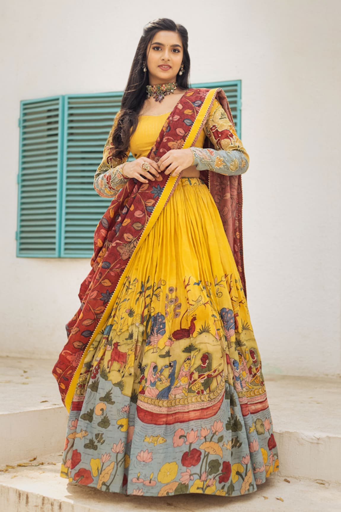 aindhri by mahitha Kalamkari Boat In A Village Hand Painted Lehenga Set