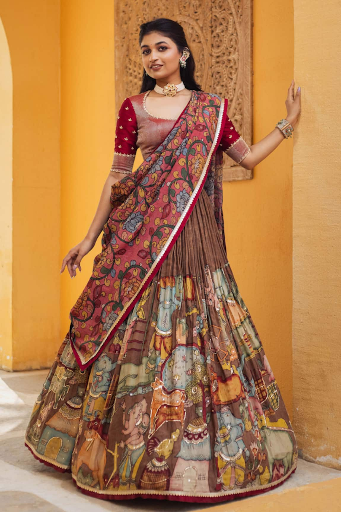 aindhri by mahitha Ganesha Kalamkari Hand Painted Lehenga Set