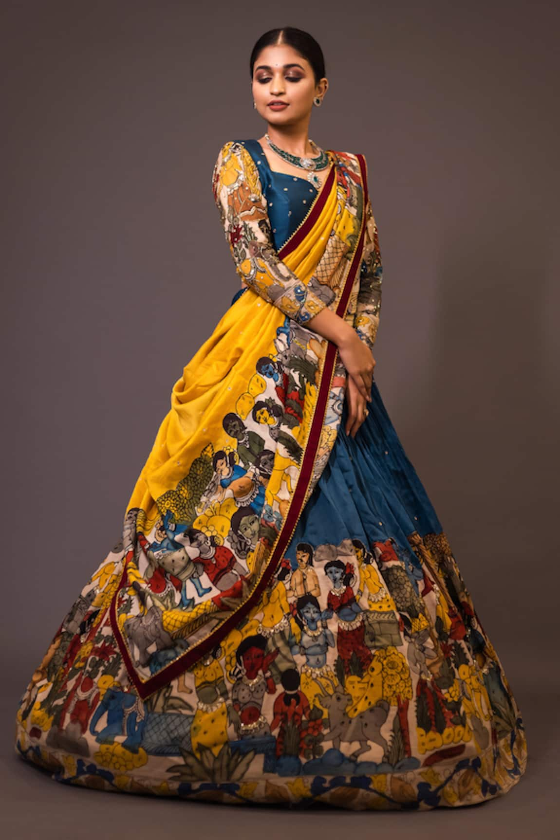 aindhri by mahitha Ajantha Kalamkari Hand Painted Lehenga Set