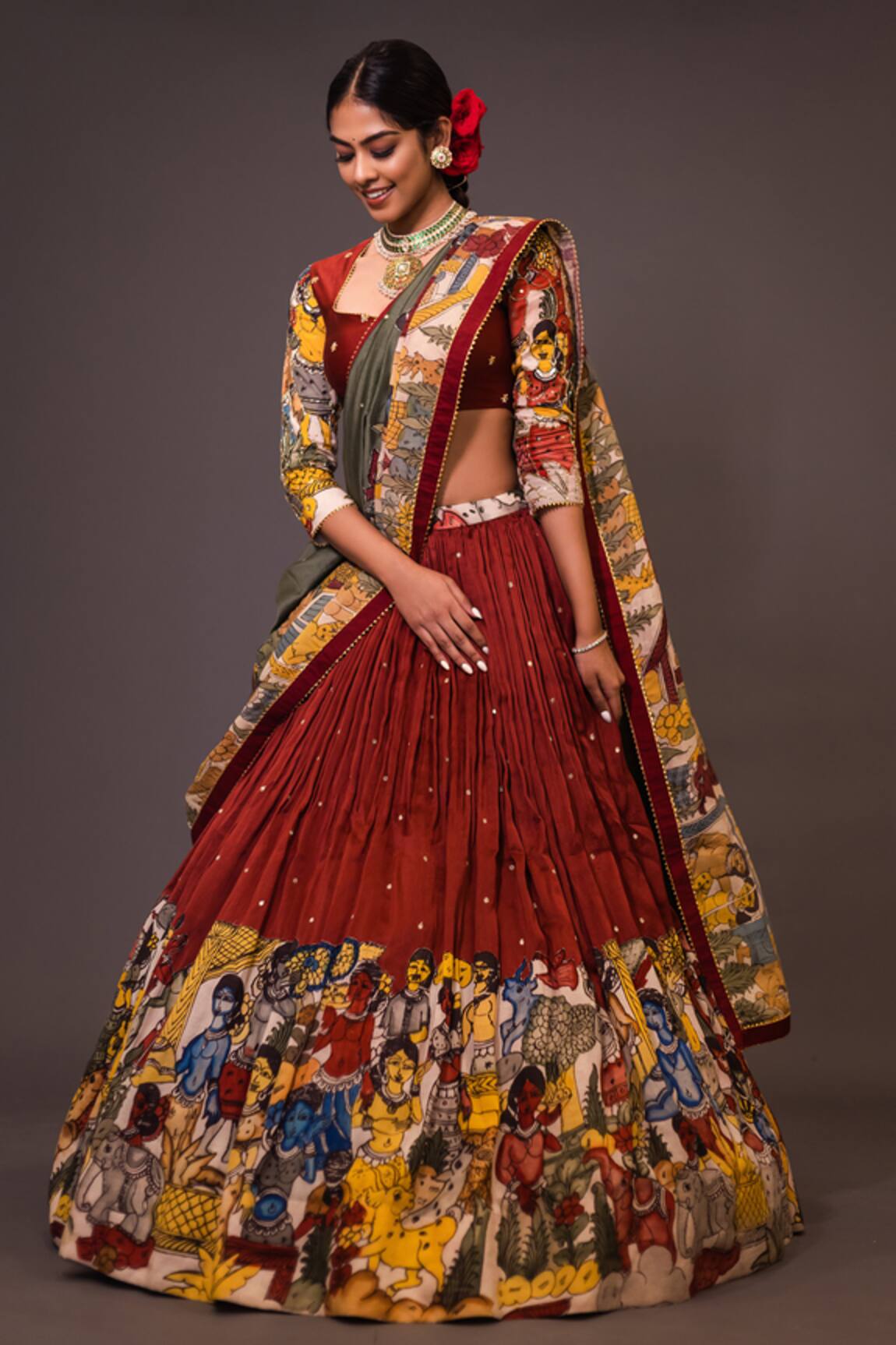 aindhri by mahitha Ajantha Kalamkari Painted Gathered Lehenga Set