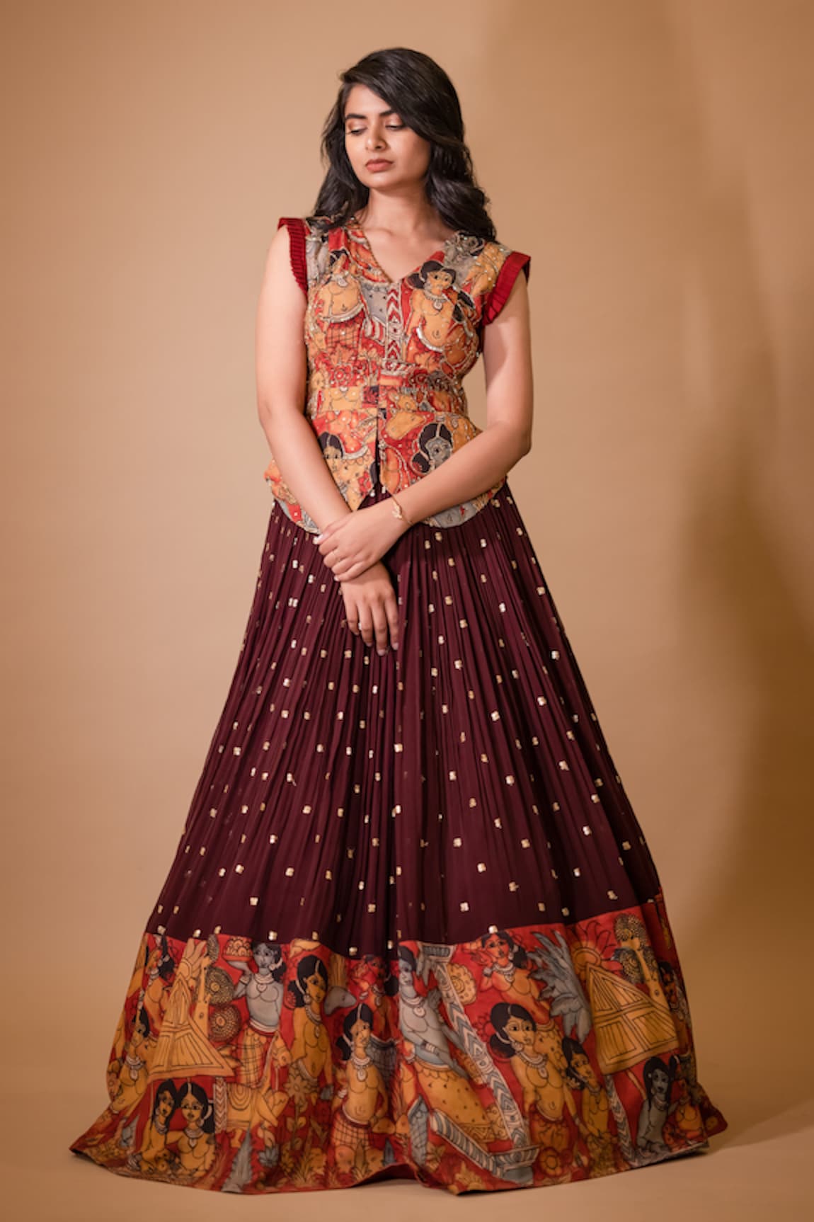 aindhri by mahitha Hand Painted Kalamkari Lehenga & Peplum Blouse Set