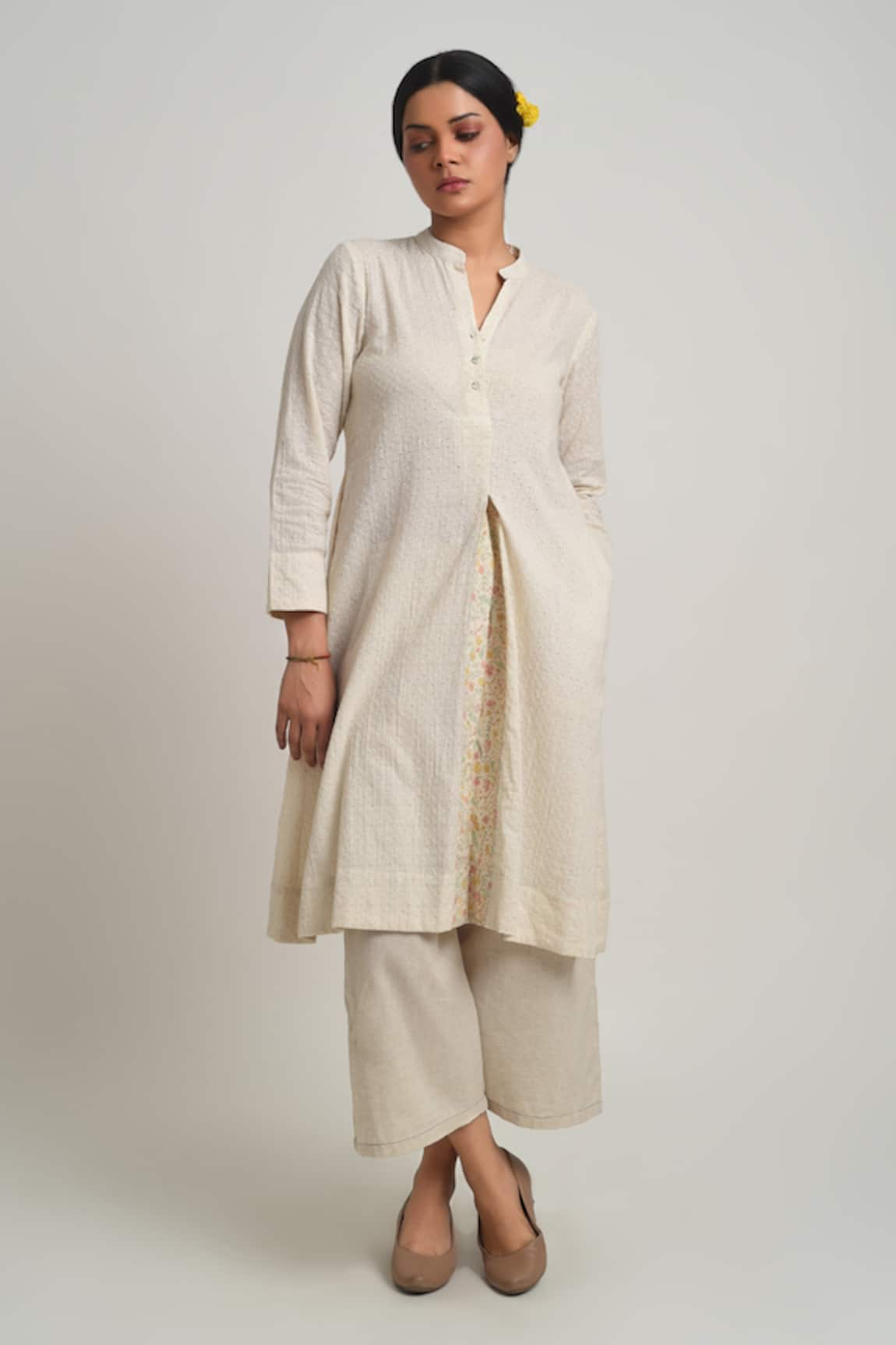 Barahmasi Fika Schiffli Pleated Kurta & Flared Pant Set