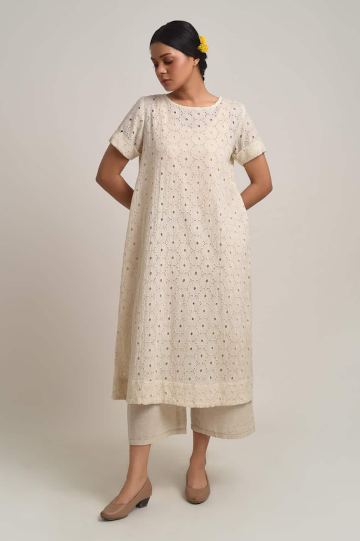 Barahmasi Fika Schiffli Pattern Kurta & Flared Pant Set