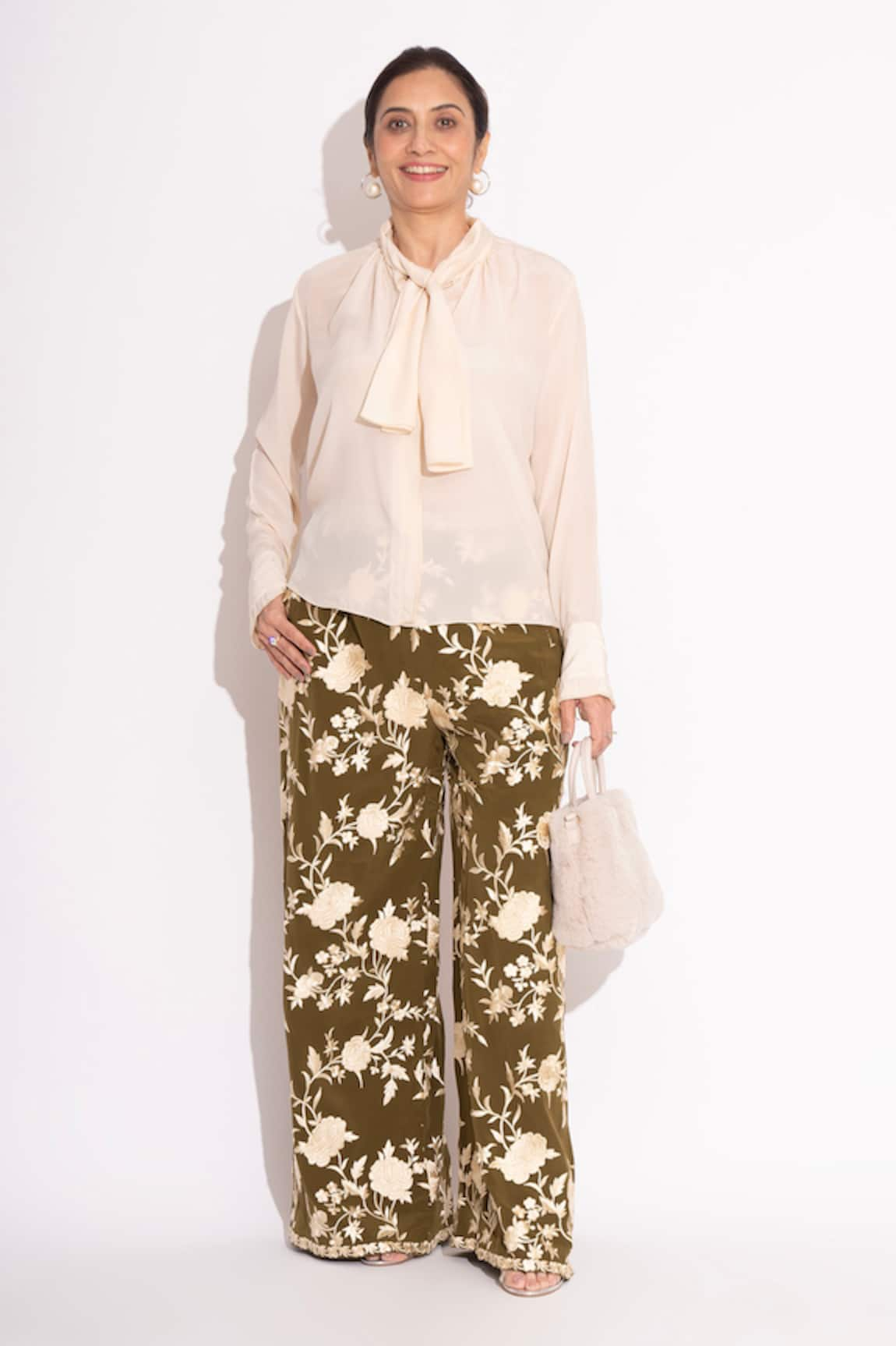 House of Inari Rose Bloom Embroidered Flared Pant