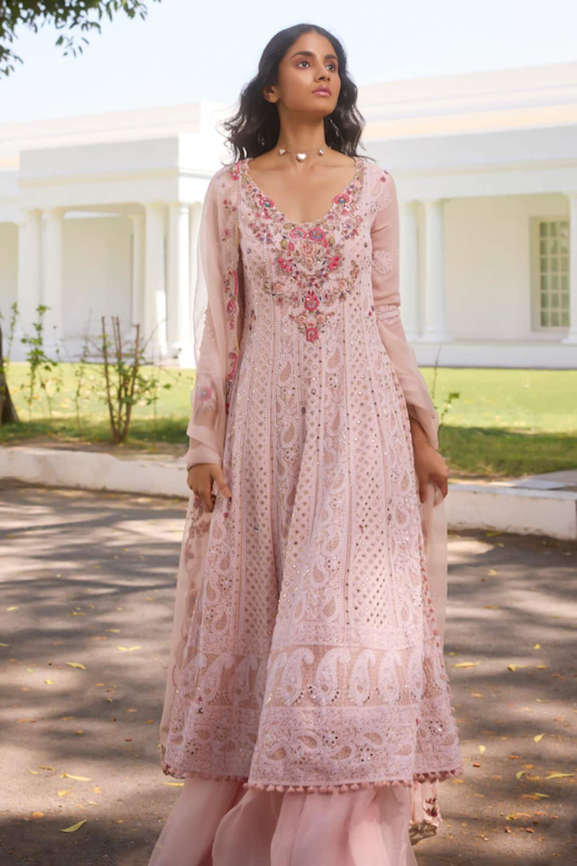 Dolly J Ariyana Floral Chikankari Mukaish Work Kalidar Sharara Set