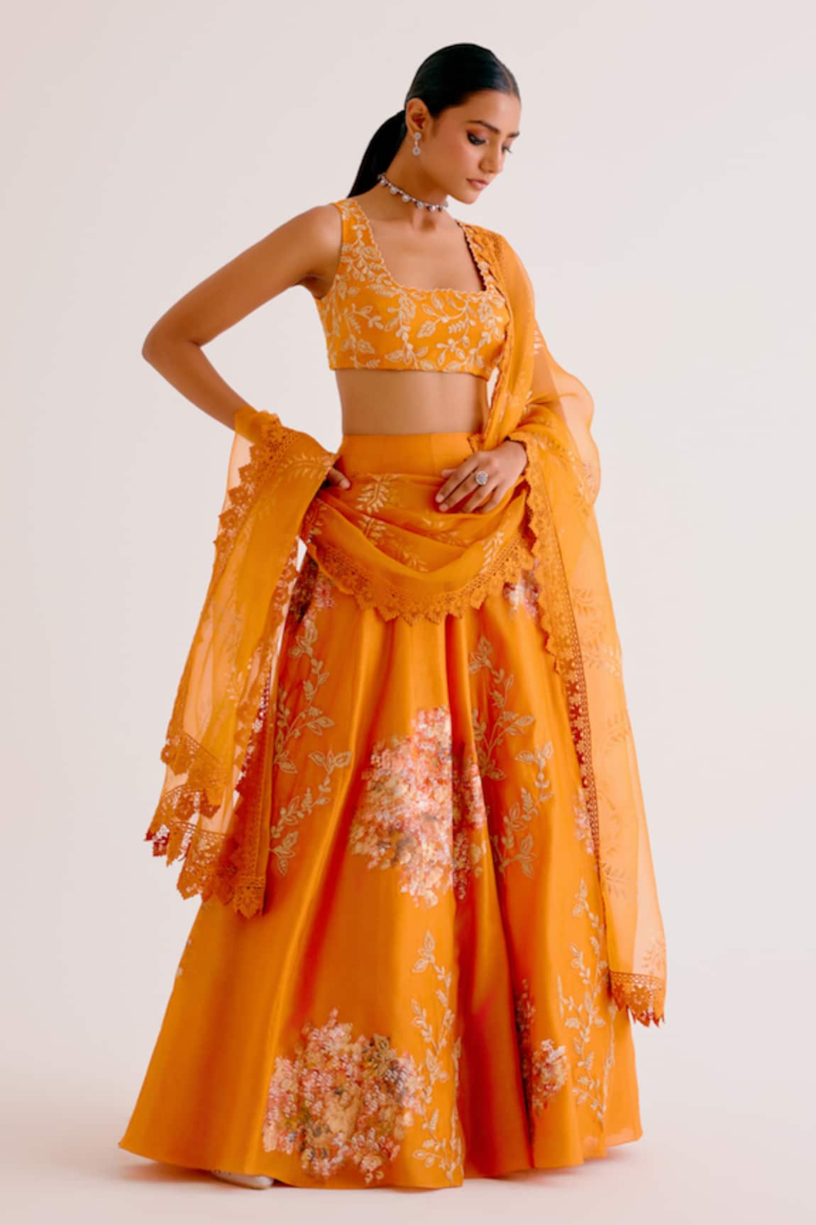 Devnaagri Silk Chanderi Hand Painted Lehenga Set