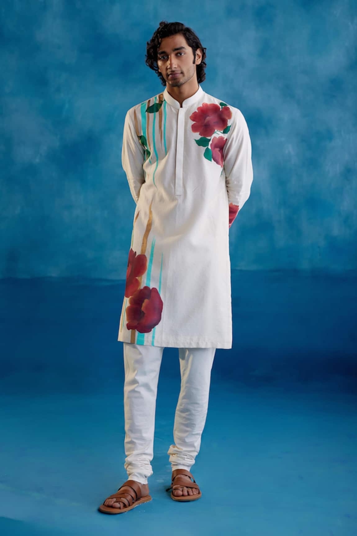 Devnaagri Silk Chanderi Floral Hand Painted Kurta & Churidar Set