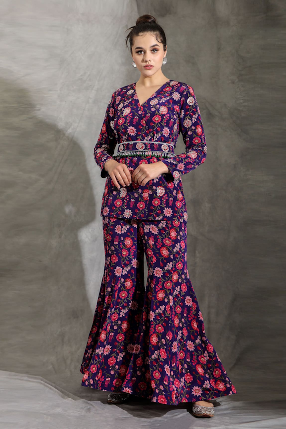 Shreya J Label Floral Print Jacket & Sharara Set
