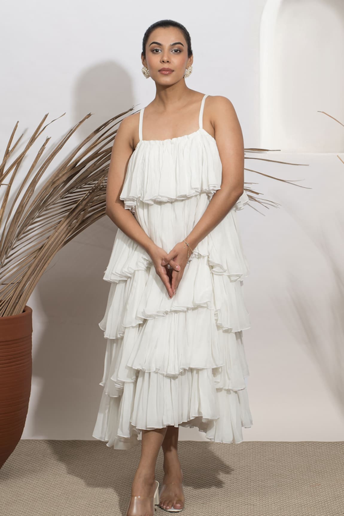 Ozel Ceecee Pleated Tiered Midi Dress