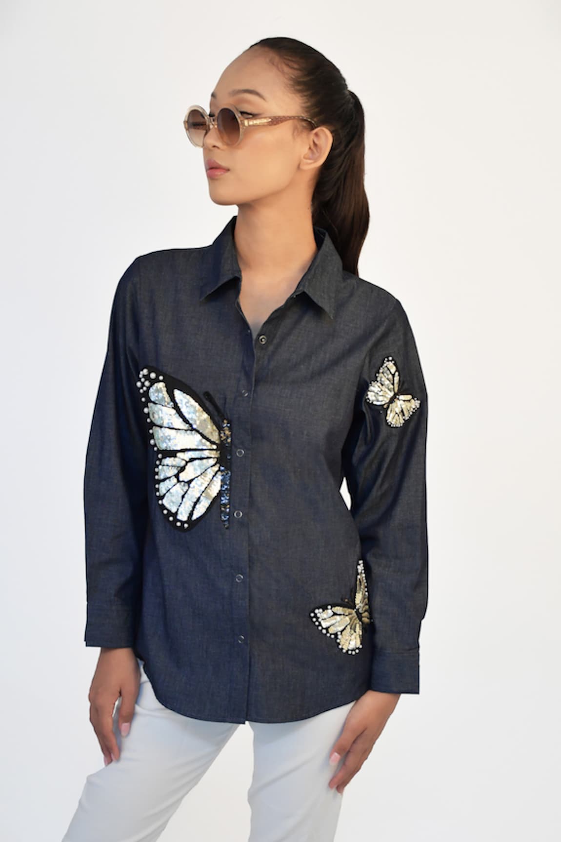 Richaa Goenka Butterflies Hand Embroidered Cotton Shirt