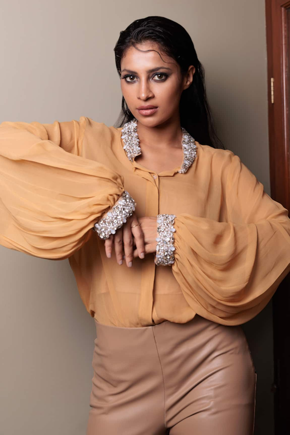 Richaa Goenka Cuff Stones Hand Embroidered Shirt