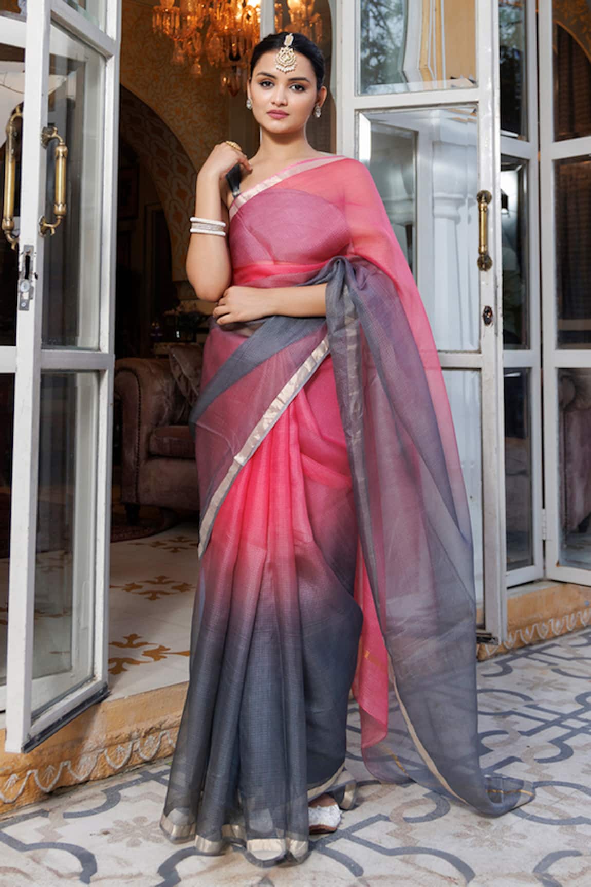 Geroo Jaipur Kota Silk Dual Toned Saree With Unstitched Blouse Piece