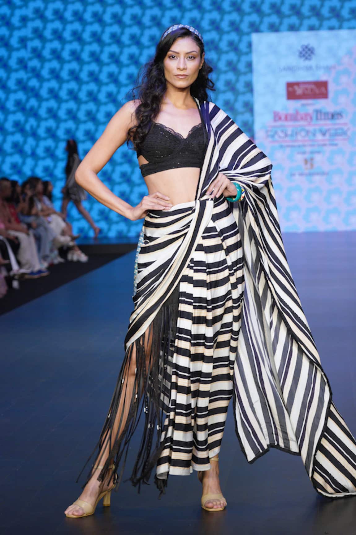 Sandhya Shah Alexa Striped Print Pre-Draped Saree With Blouse 