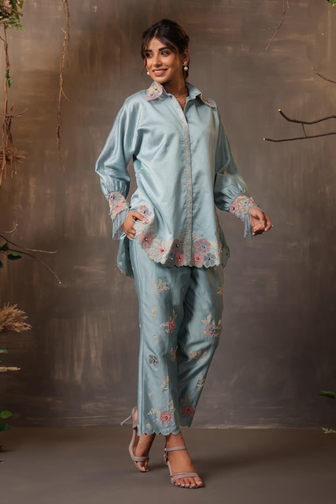 Label Niti Bothra Chanderi Silk Embroidered Shirt & Pant Set