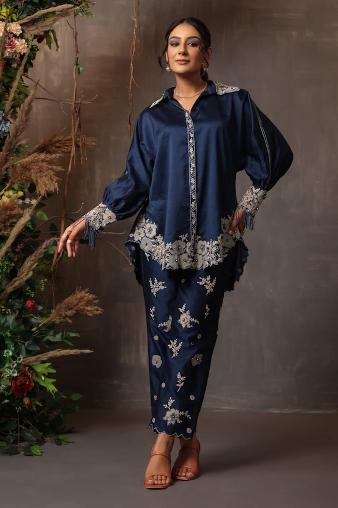 Label Niti Bothra Floral Applique Work Shirt & Pant Set