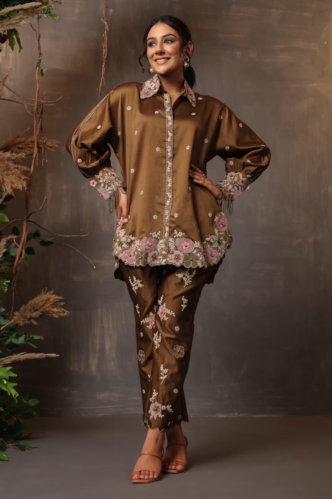 Label Niti Bothra Floral Applique Work Shirt & Narrow Pant Set