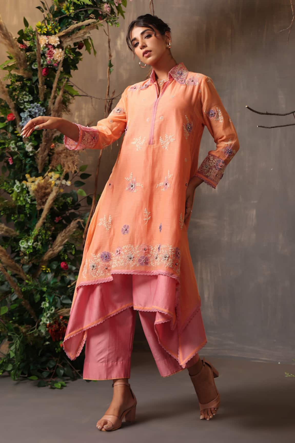 Label Niti Bothra Chanderi Silk Layered Embroidered Kurta & Pant Set