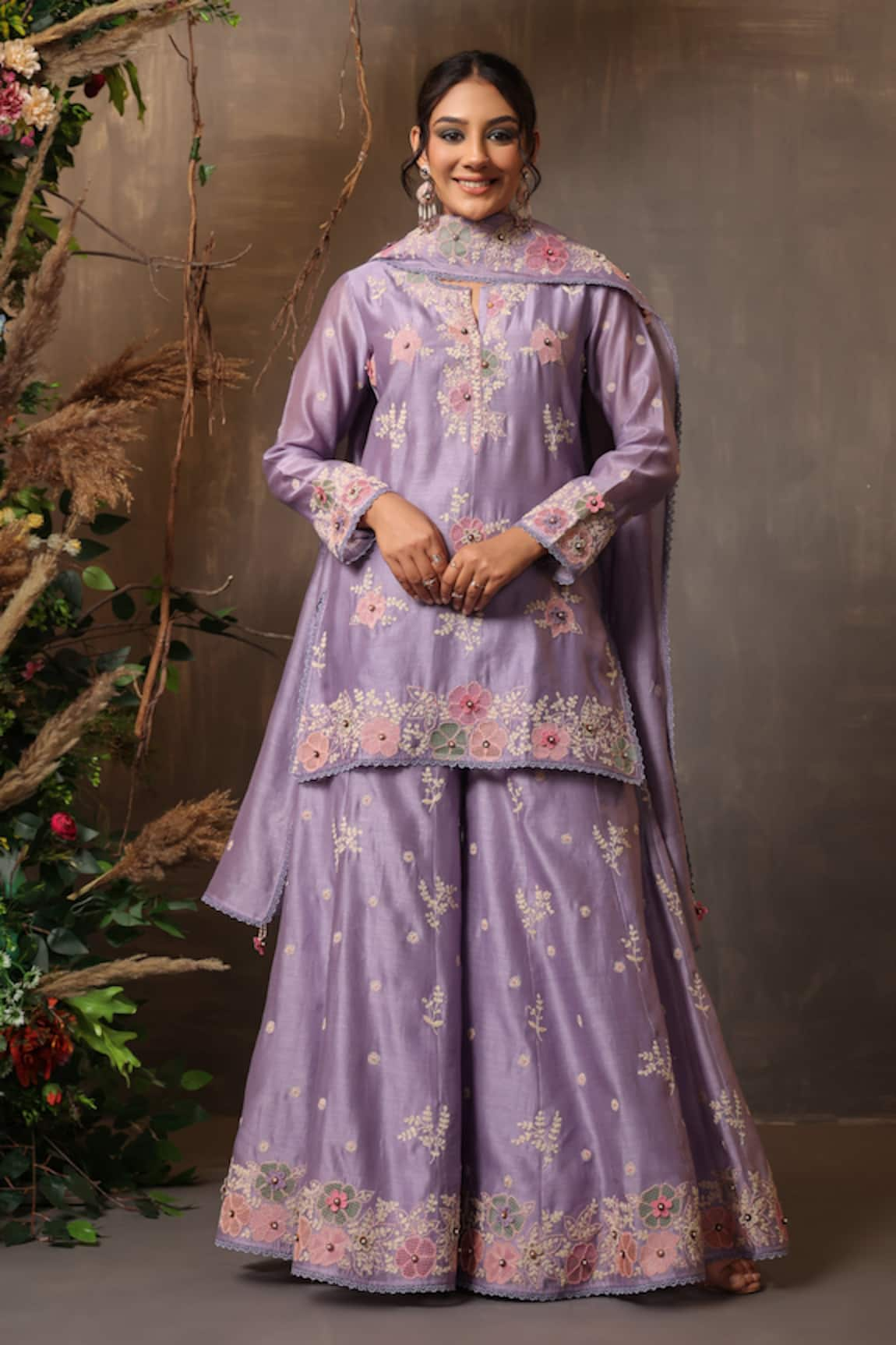 Label Niti Bothra Chanderi Silk Embroidered Kurta Sharara Set