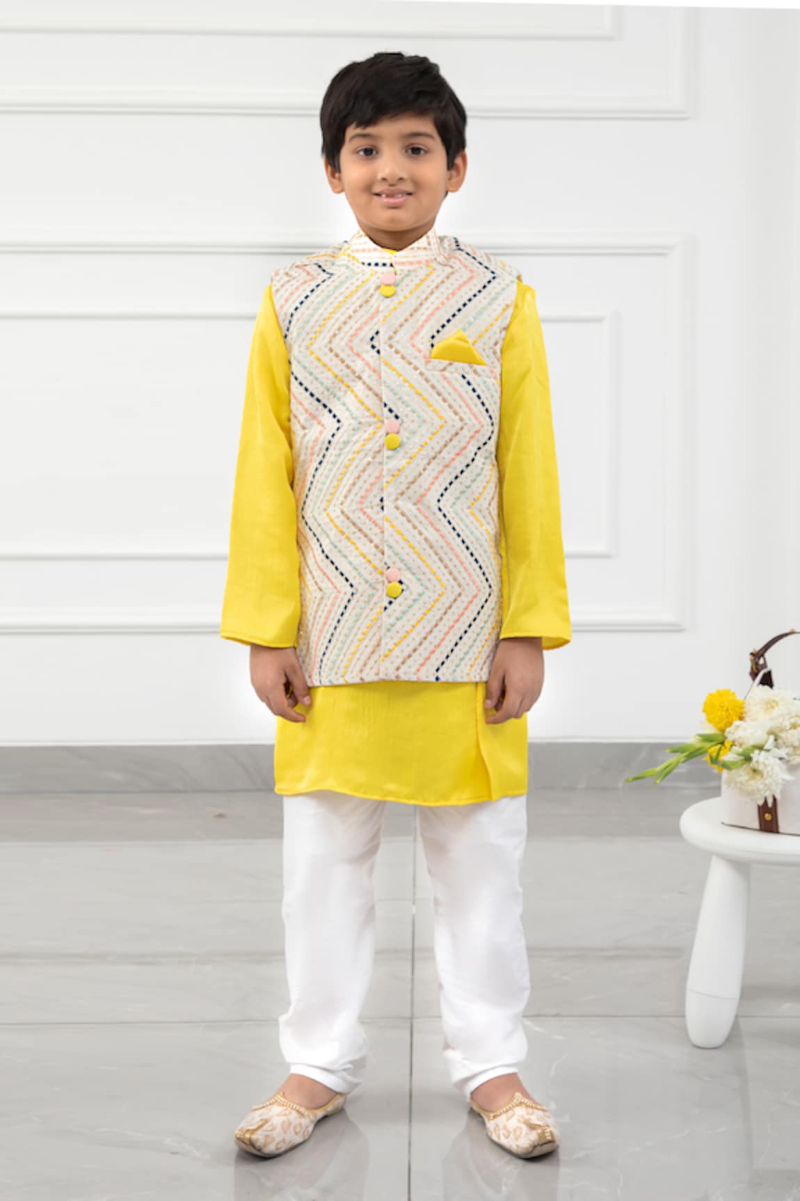 Kirti Agarwal - Pret N Couture Embroidered Nehru Jacket & Yellow Kurta Set