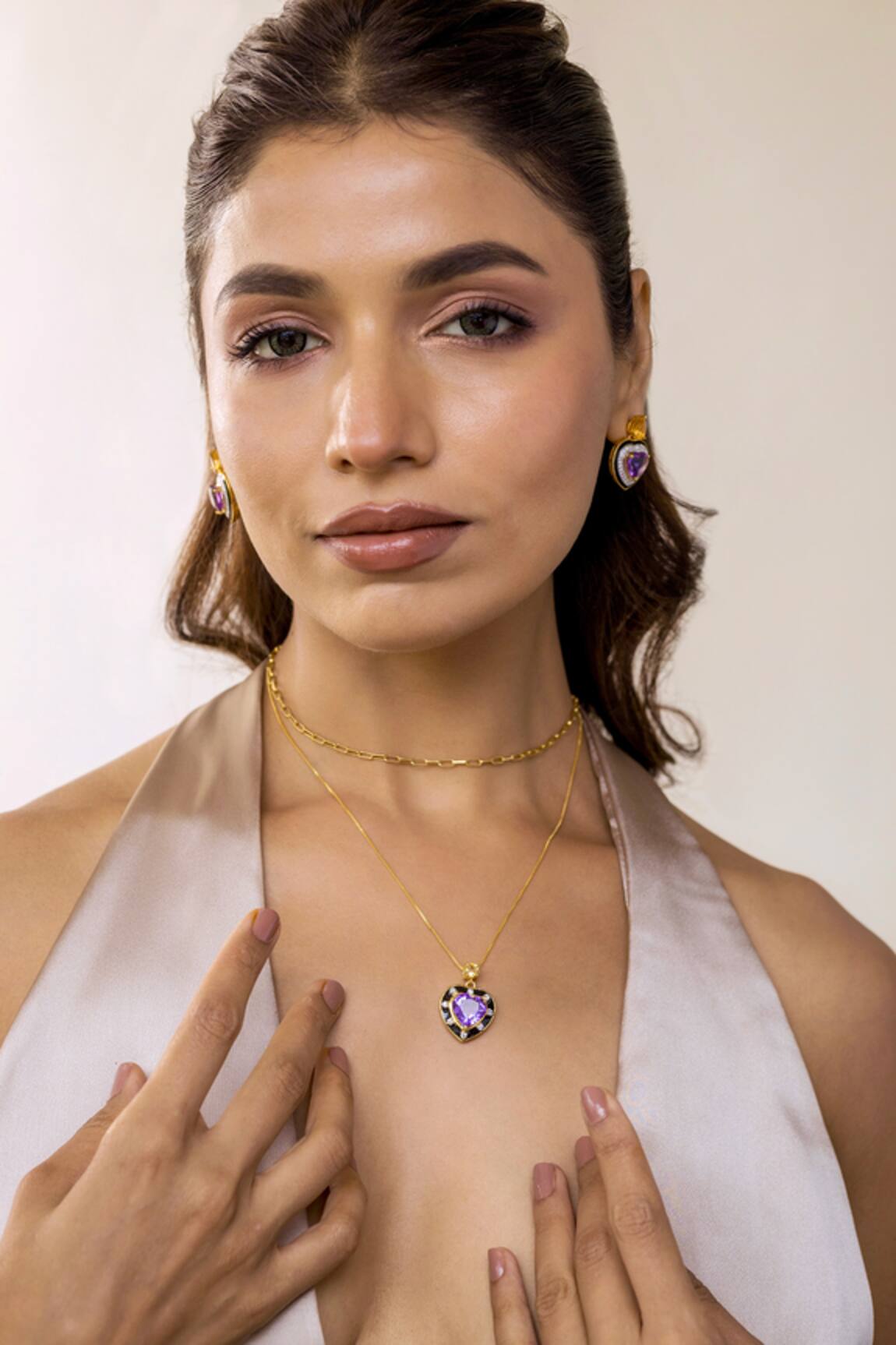 Ruuh Studios Amethyst & Citrine Embellished Heart Pendant Necklace