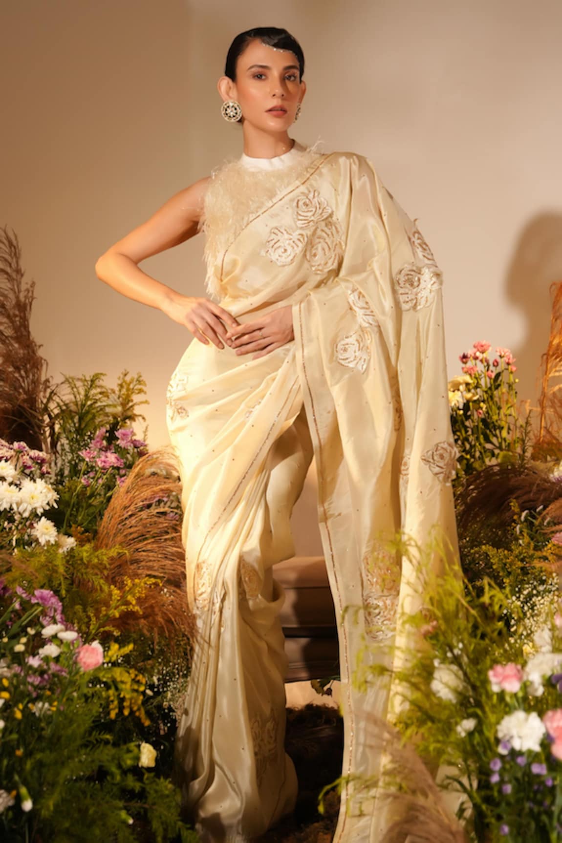 Midushi Bajoria Buttercup Applique Swarovski Embellished Saree With Blouse