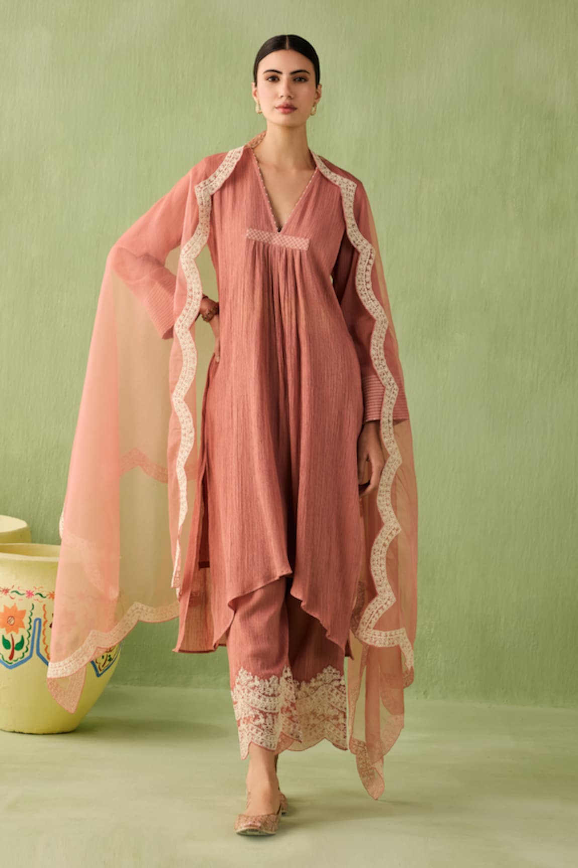 Sureena Chowdhri Front Pleated Asymmetric Kurta Set