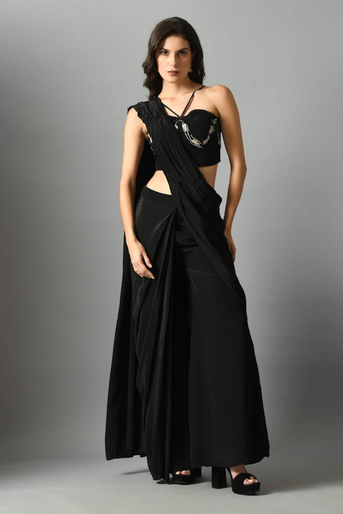 Fishcanfly Moonshine Pre-Draped Saree With Nur Embroidered Bustier