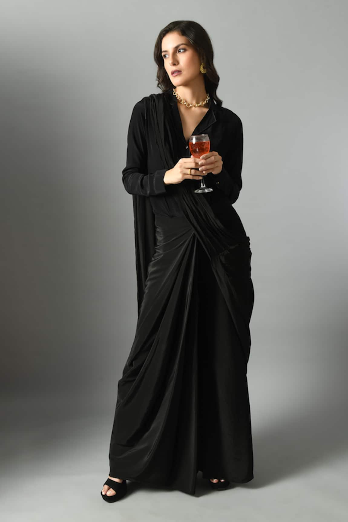 Fishcanfly Pre-Draped Saree With Moonshine Embroidered Shirt