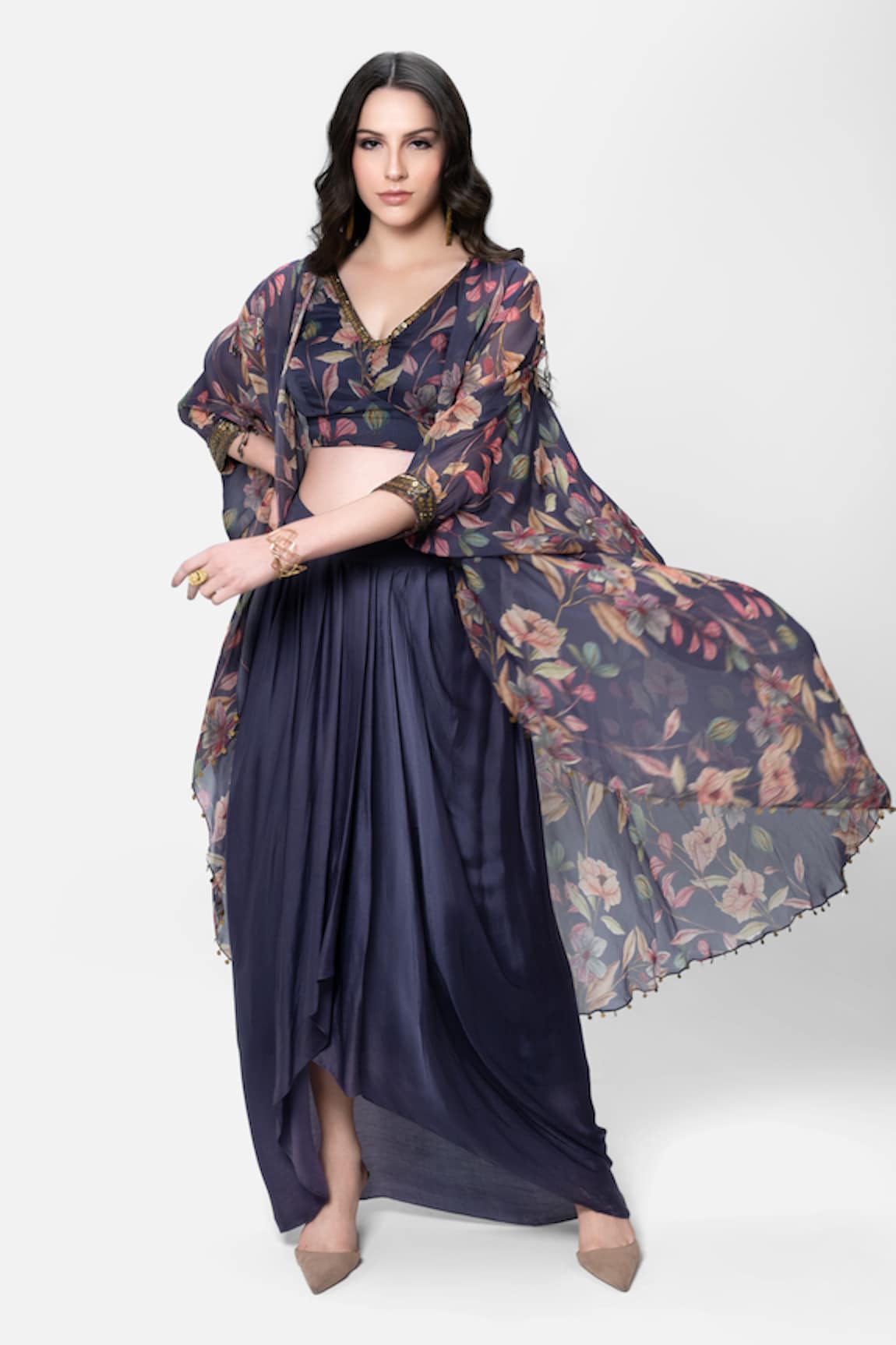 Kelaayah Floral Print Cape Dhoti Skirt Set