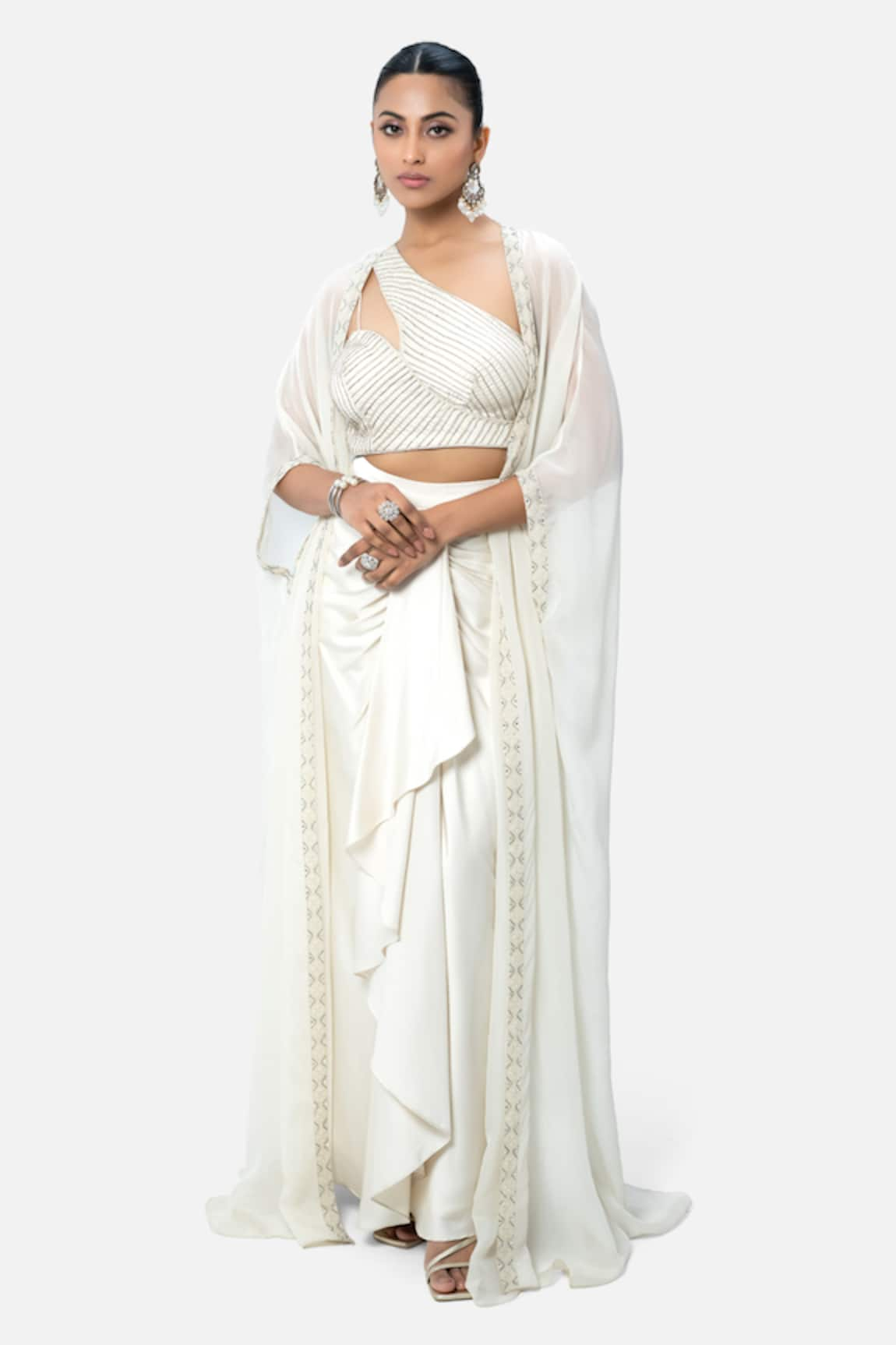 Kelaayah Embellished Border Cape Draped Dhoti Skirt Set