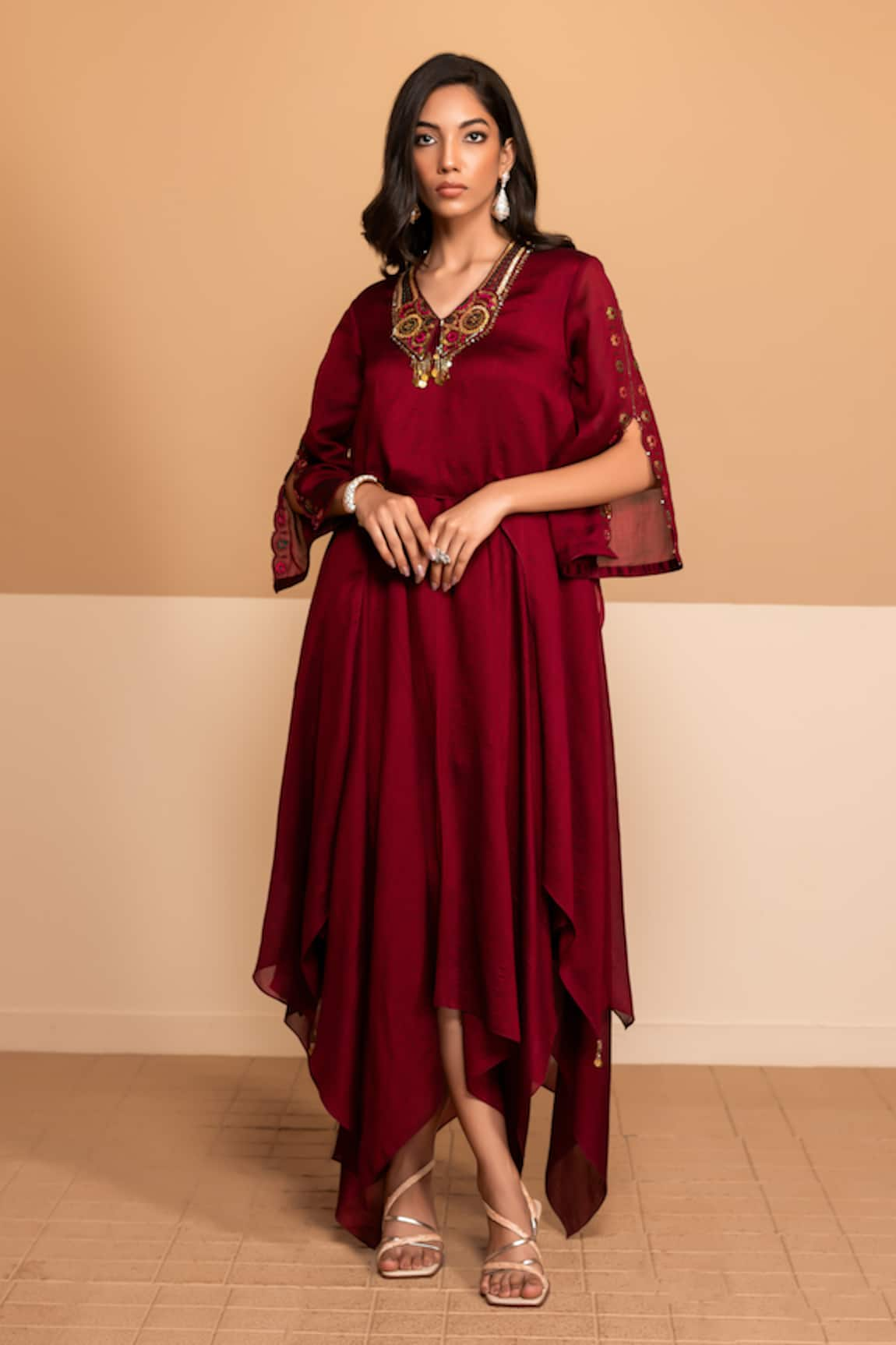 Kelaayah Gota & Sequin Embroidered Neckline Kurta With Dhoti Pant