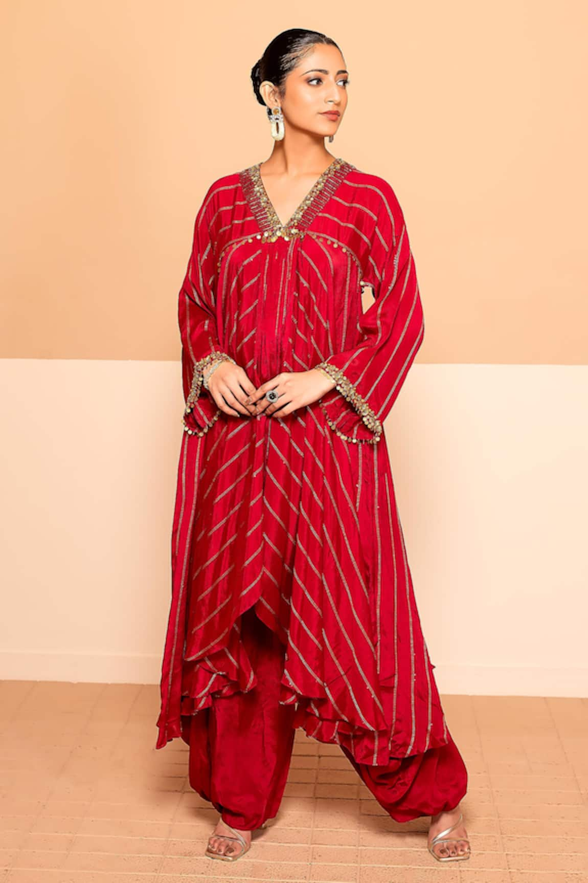 Kelaayah Sequin & Nalki Embroidered Asymmetric Kurta With Cowl Palazzo