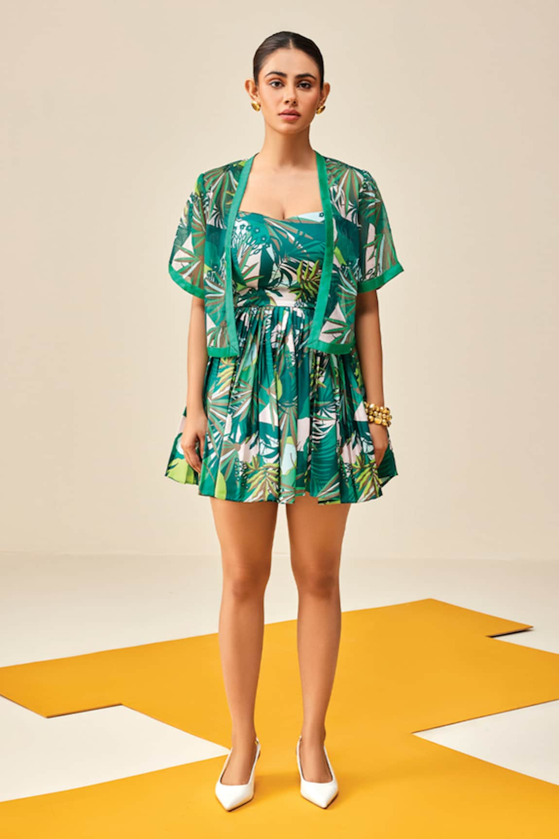 Couche Motley Tropical Print Dress With Cropped Shacket