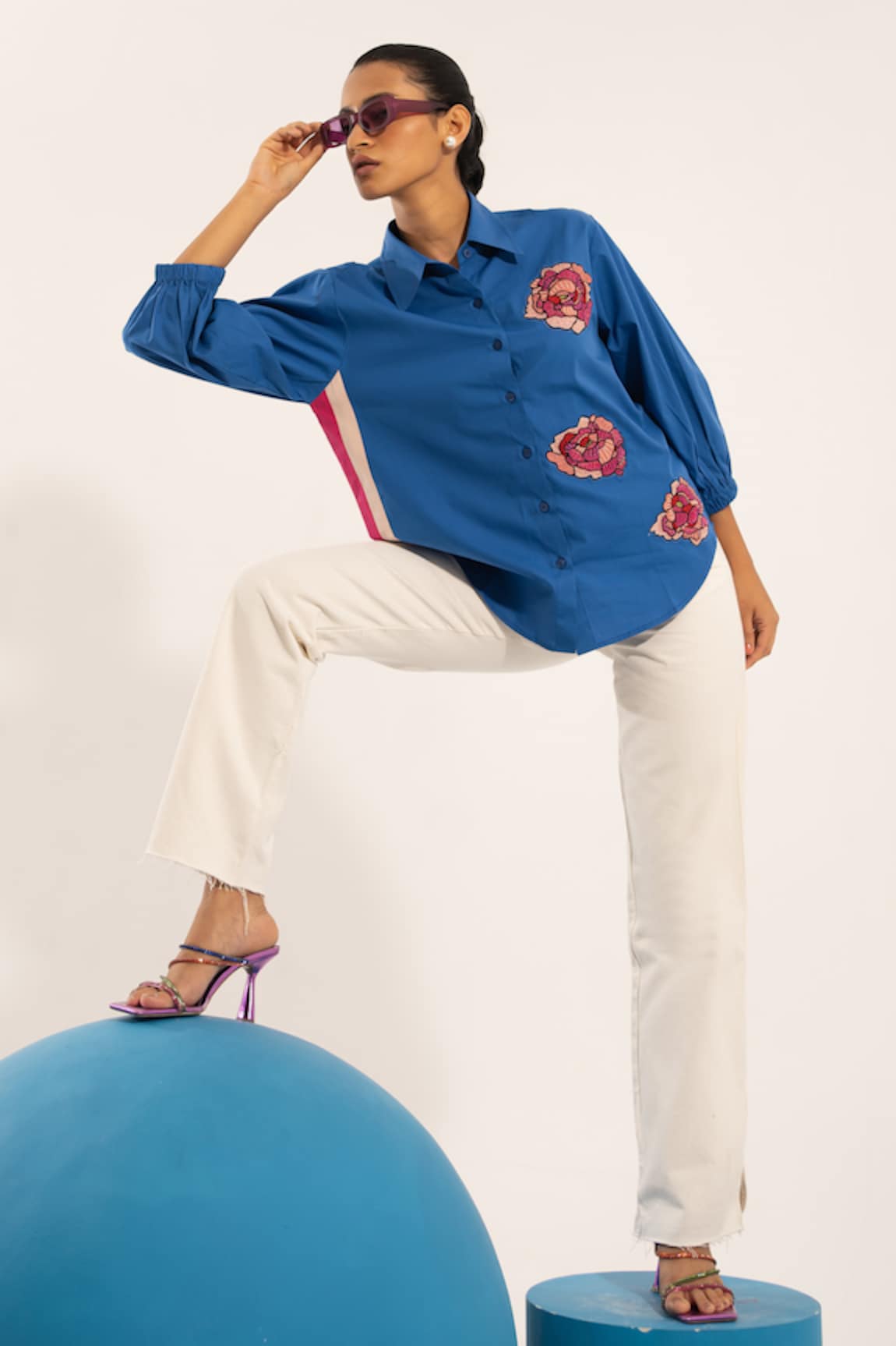 Urban life Rose Embroidered Cotton Poplin Shirt