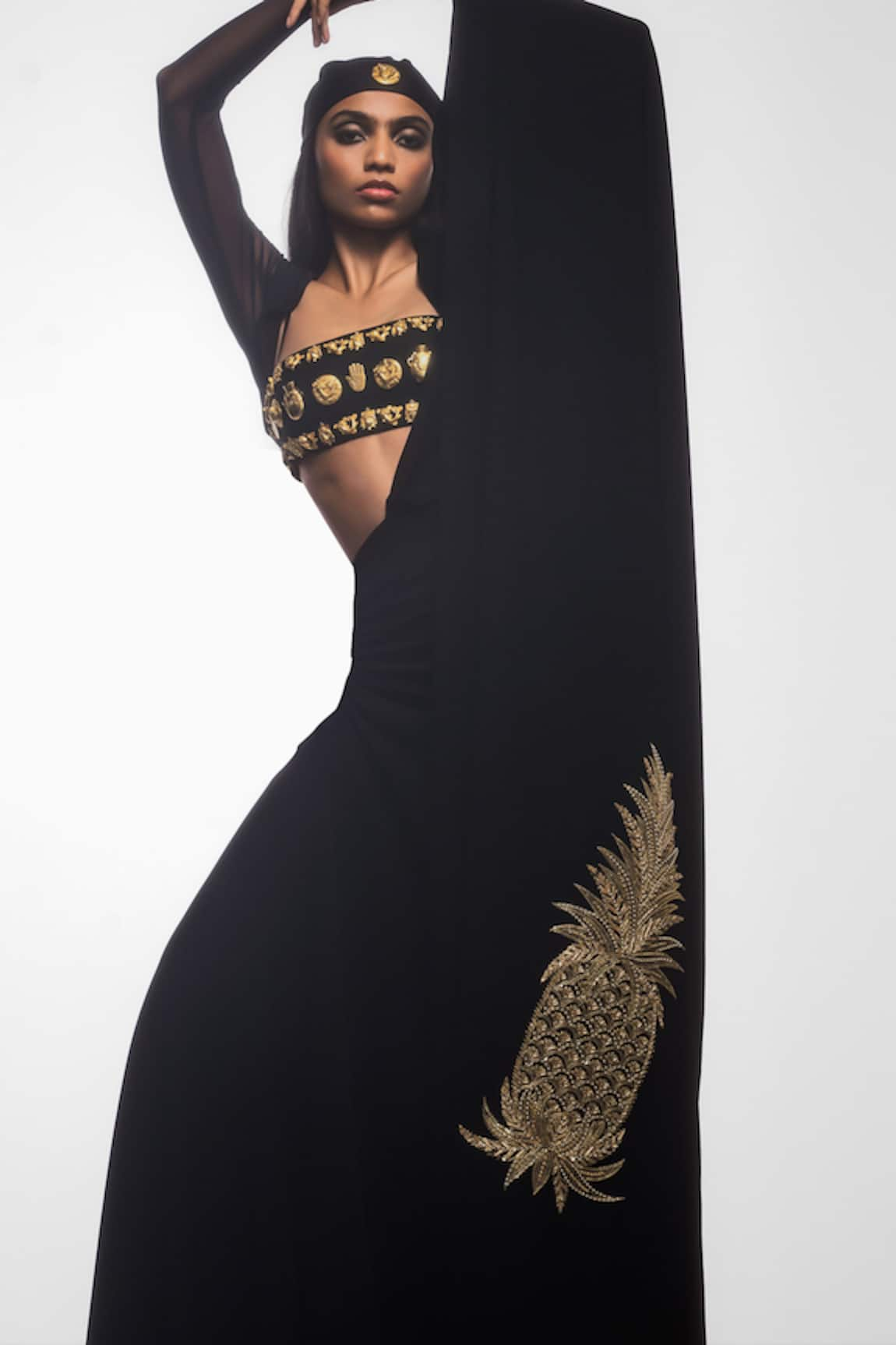 Masaba The Midnight Embroidered Pre-Draped Saree Set With Mesh Bolero