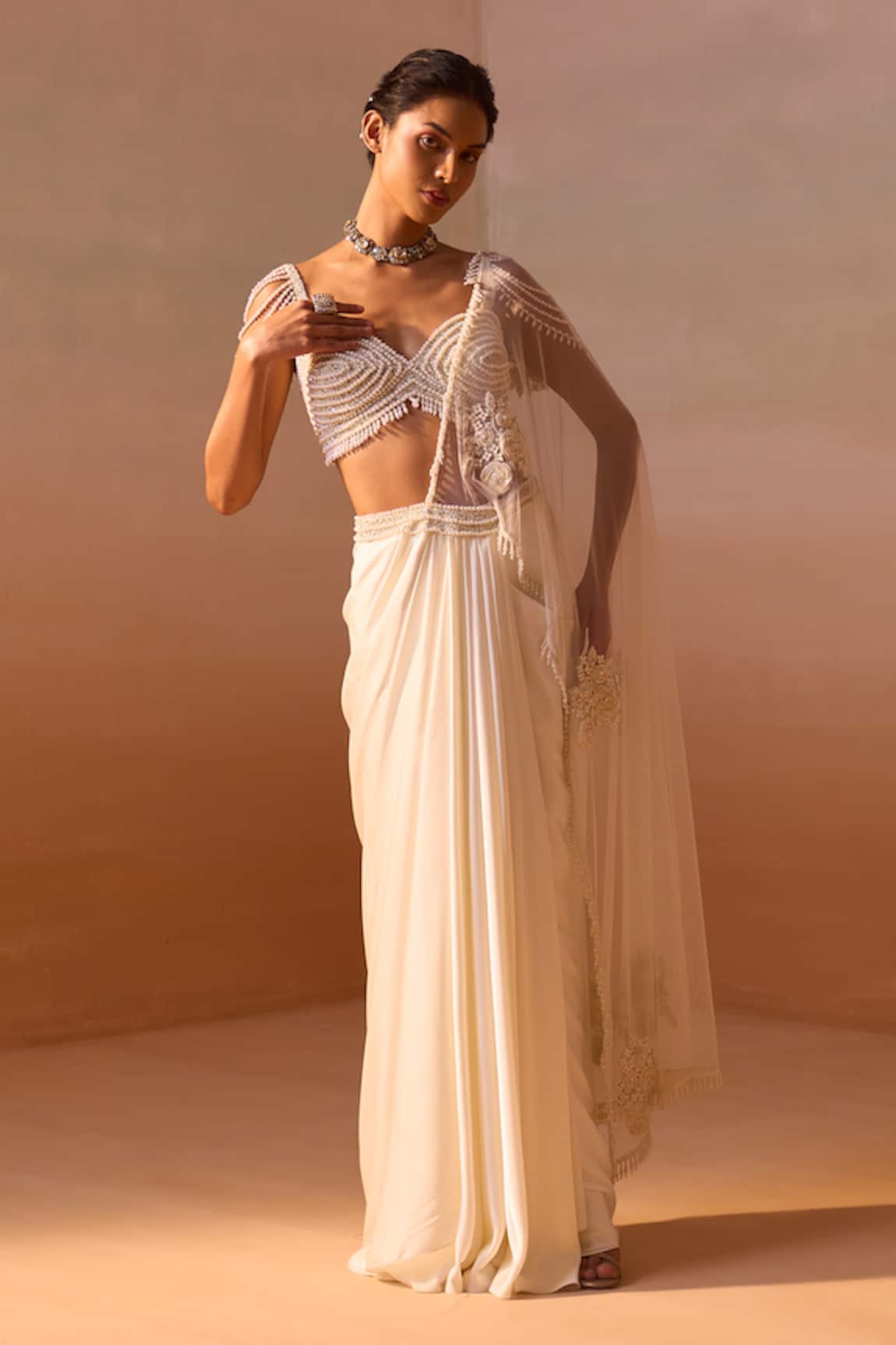 Nitika Gujral Pearl Rosette Embroidered Pre-Draped Saree With Bustier