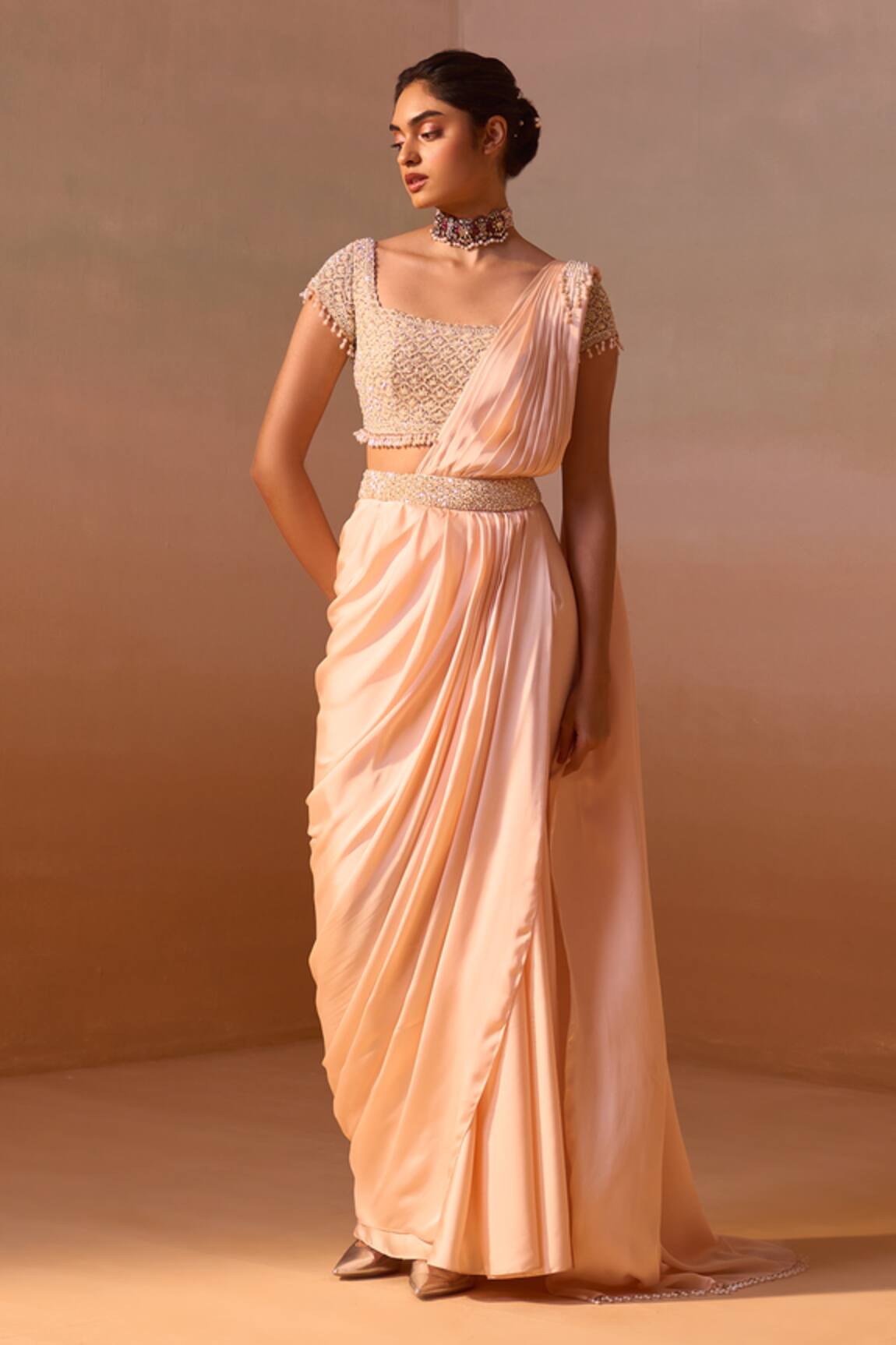 Nitika Gujral Pearl Tassel Embellished Pre-Draped Saree With Blouse