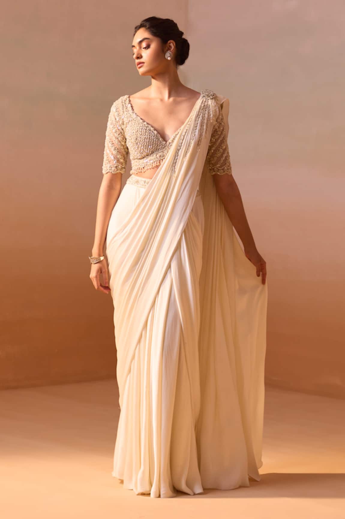 Nitika Gujral Dori Pearl Tassel Embellished Pre-Draped Saree With Blouse