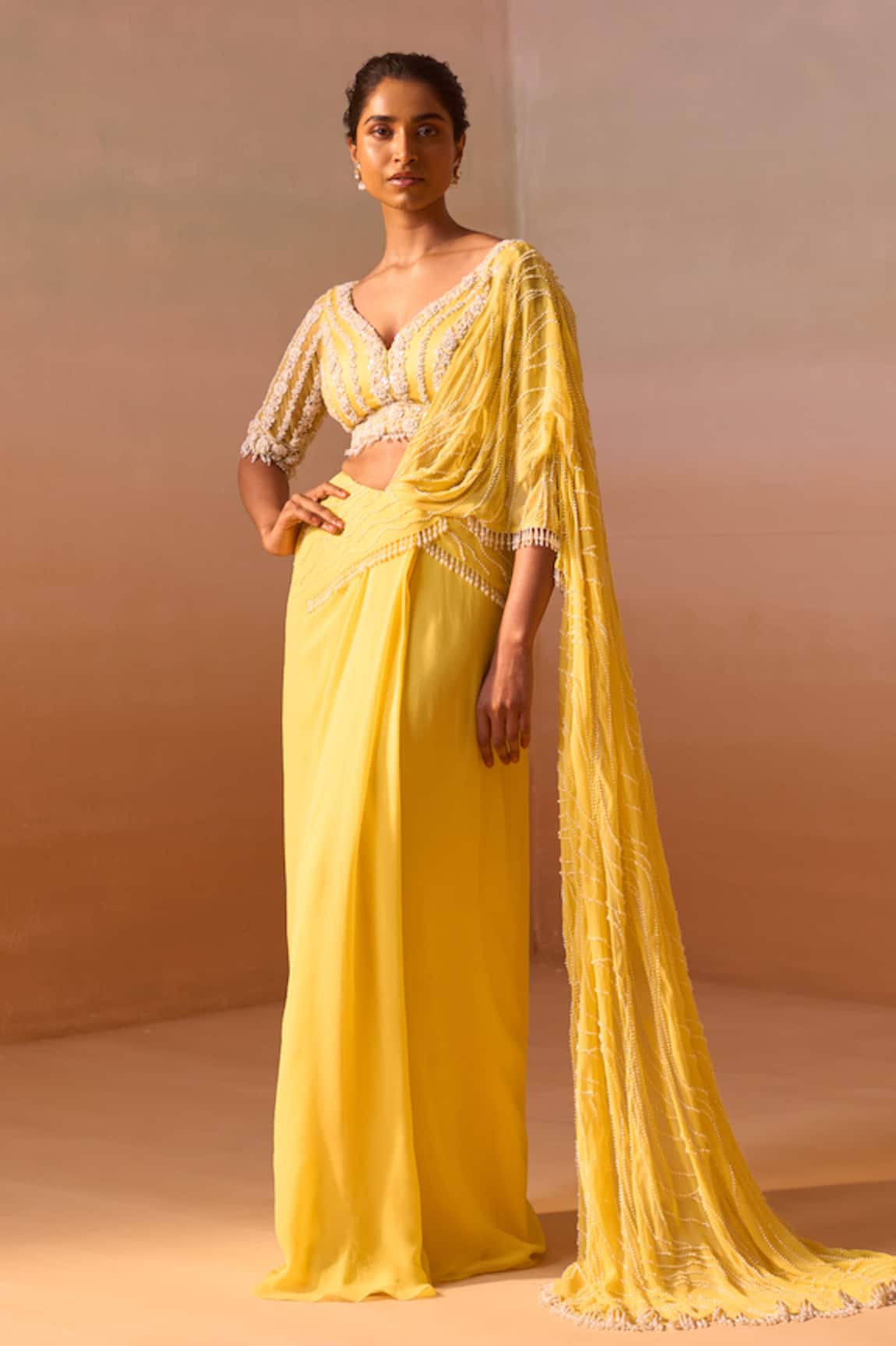 Nitika Gujral Pearl Ray Embellished Pre-Draped Saree With Blouse 