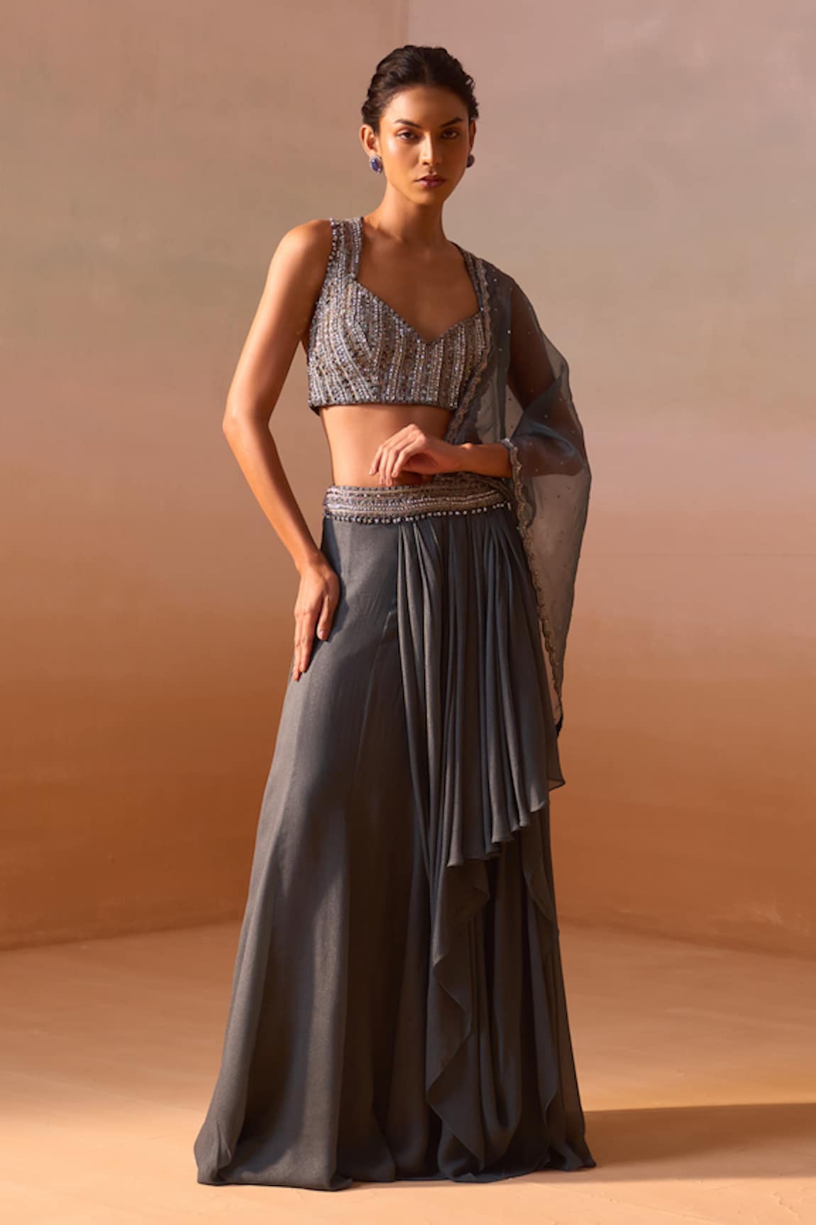 Nitika Gujral Gunmetal Embroidered Pre-Draped Saree With Blouse