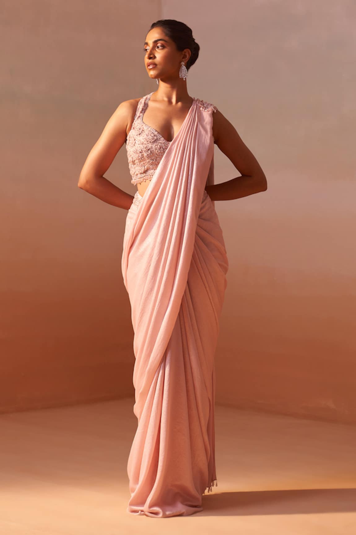 Nitika Gujral 3D Rosa Embellished Halter Neck Blouse With Pre-Draped Saree