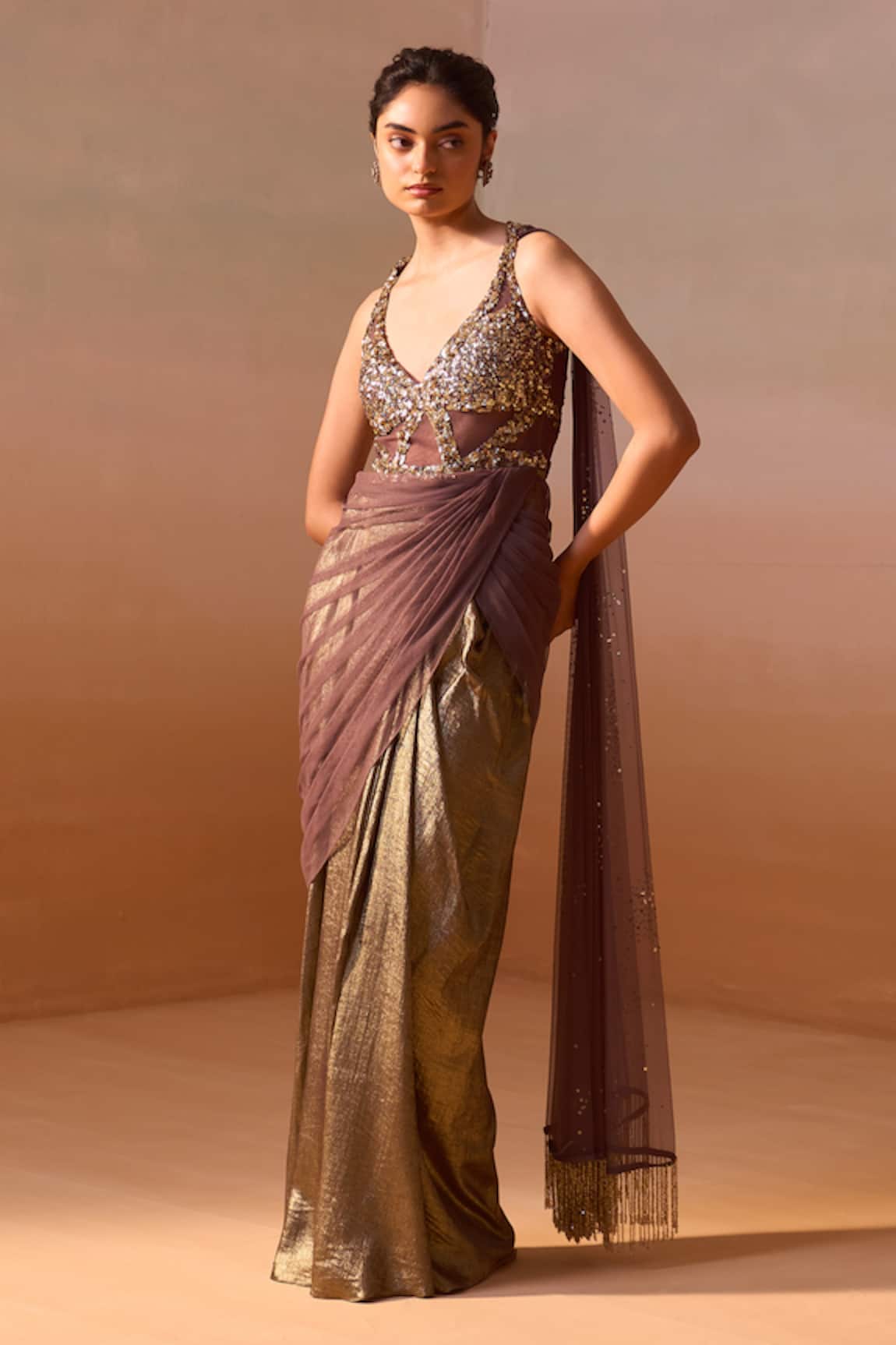 Nitika Gujral Sequin Encrusted Draped Saree Gown