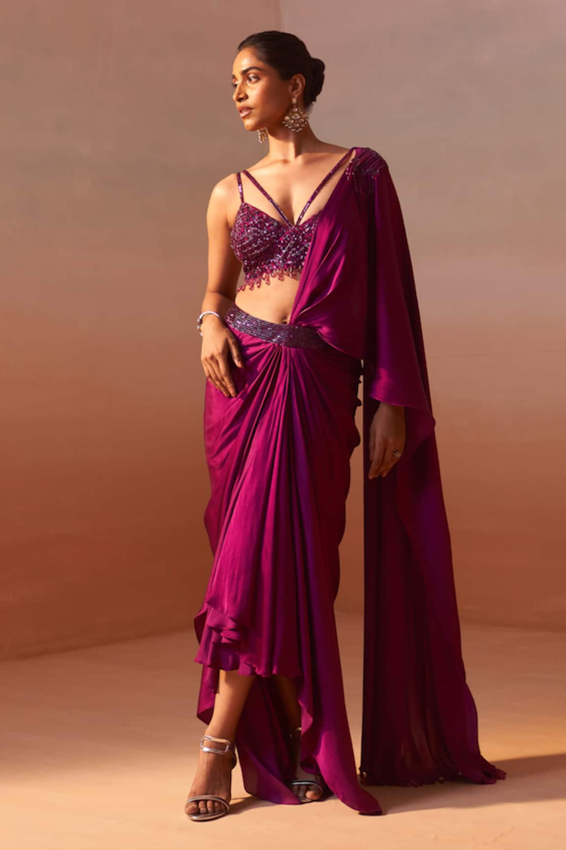 Nitika Gujral Sequin Embellished Waistband Pre-Draped Saree With Bustier