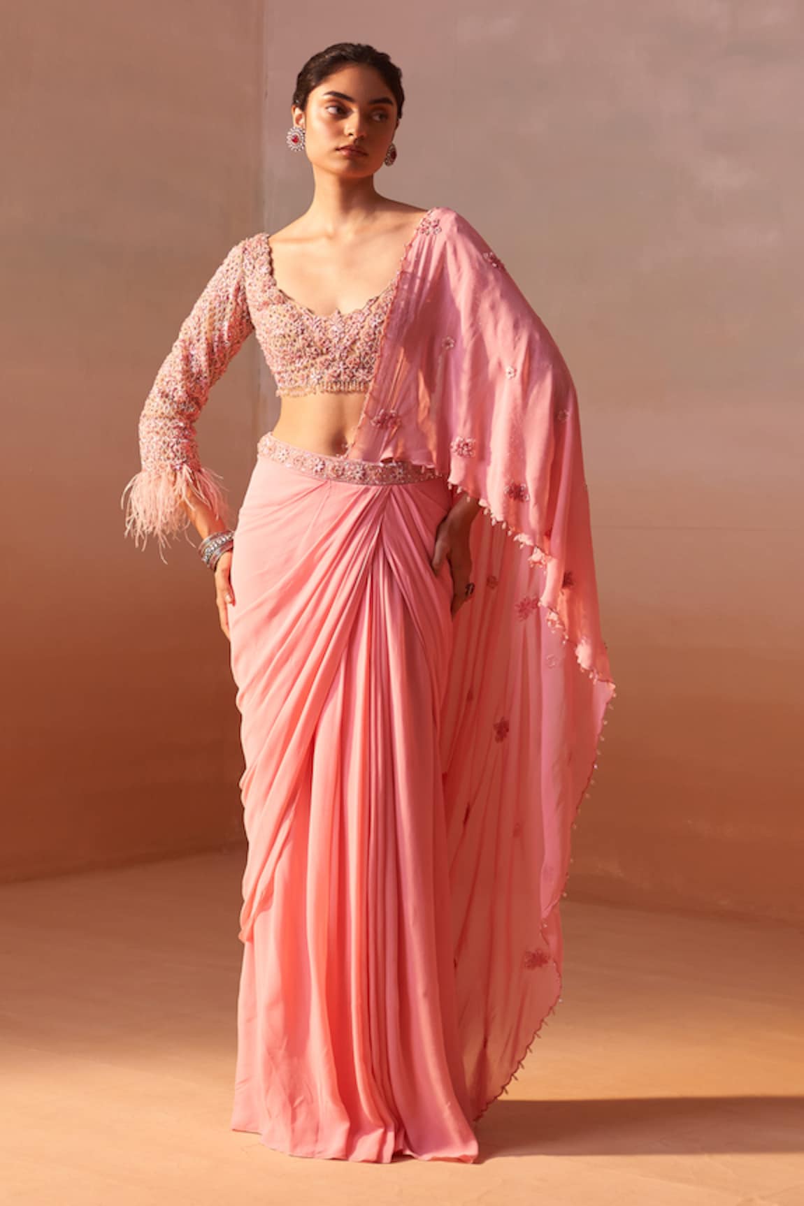 Nitika Gujral Petunia Embroidered Pre-Draped Saree With Blouse