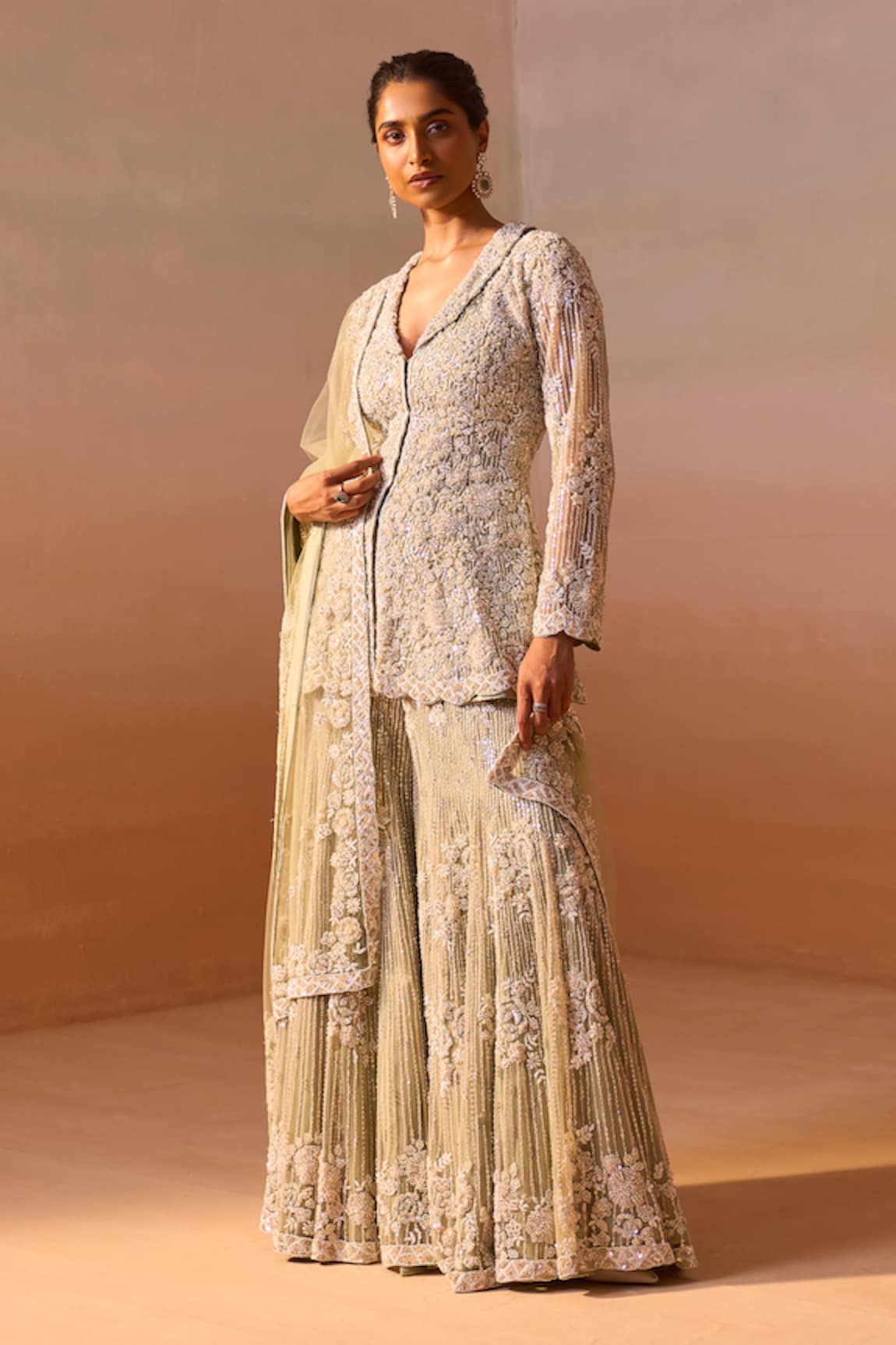 Nitika Gujral Floral Embroidered Peplum Jacket Sharara Set