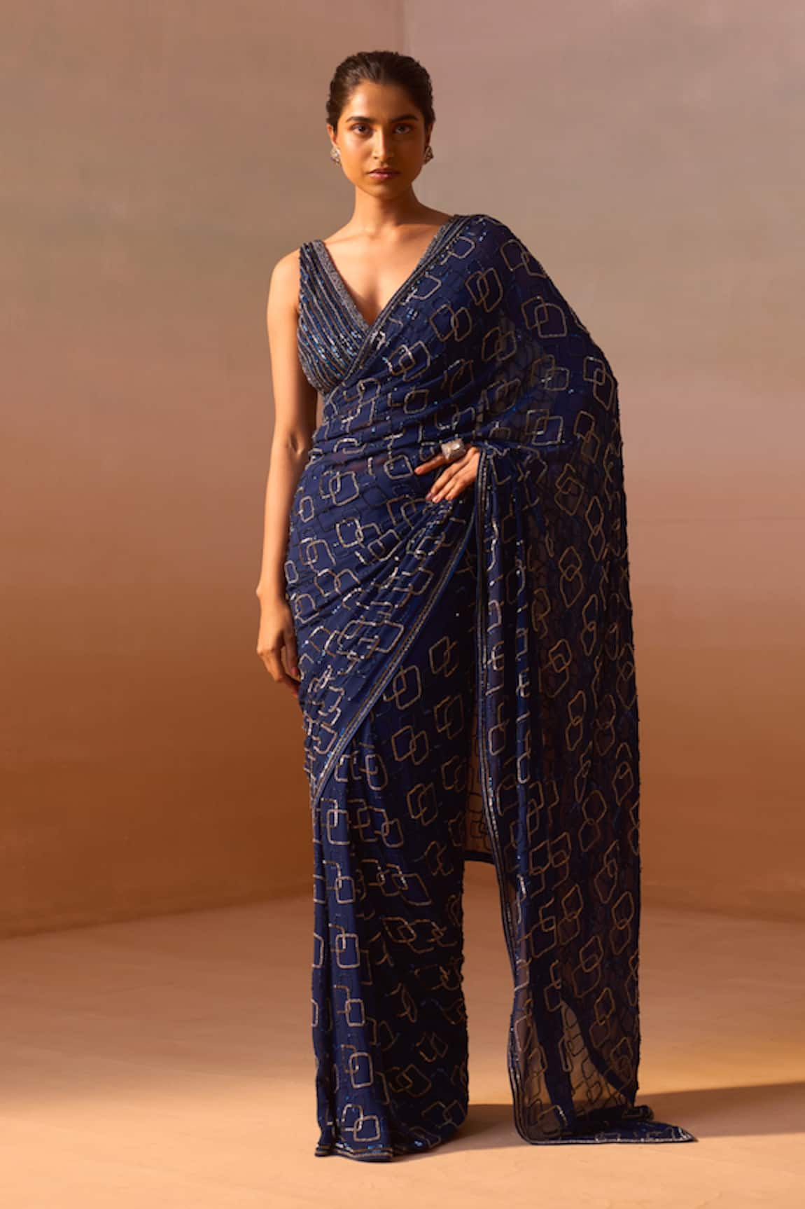 Nitika Gujral Geometric Embroidered Saree With Blouse